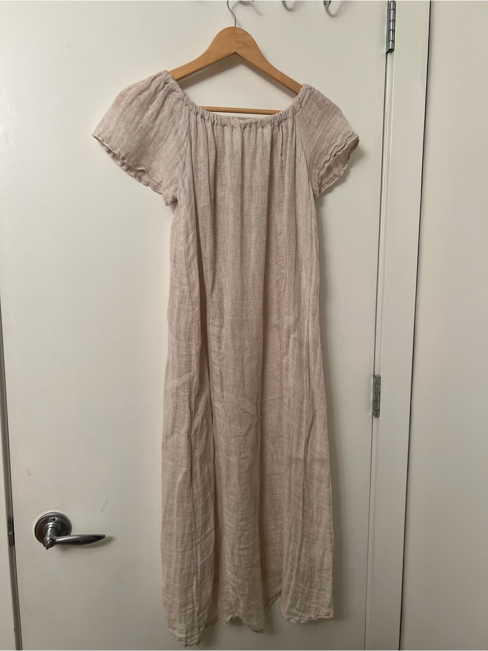 Zara Off‑Shoulder Gathered Linen Midi Dress – Beige, Size Small - Picture 6 of 7